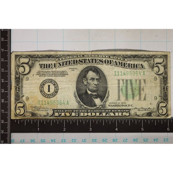 1934 US $5 FRN, GREEN SEAL, STAINED LOWER LEFT