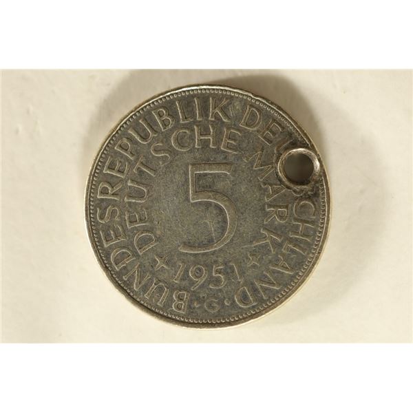 1951-G GERMAN SILVER 5 MARK WITH HOLE .2251 OZ ASW