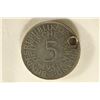 Image 1 : 1951-G GERMAN SILVER 5 MARK WITH HOLE .2251 OZ ASW