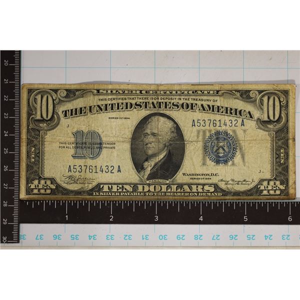 1934 US $10 SILVER CERT, BLUE SEAL.