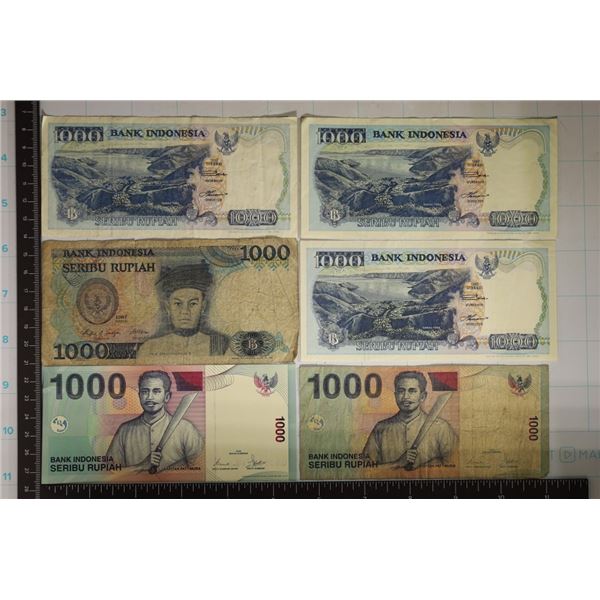 6 INDONESIA 1000 RUPIAH BILLS: 1-1987, 3-1992 &