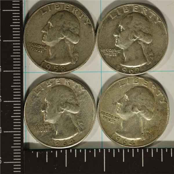 1958-D,1962-D & 2-1964 WASHINGTON SILVER QUARTERS