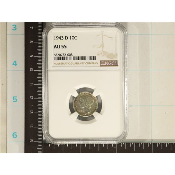 1943-D SILVER MERCURY DIME NGC AU55