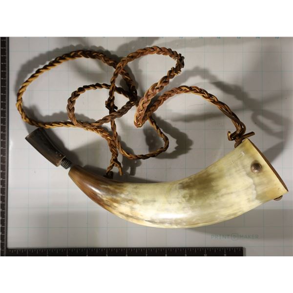 12"  POWDER HORN WITH LEATHER STRAP. HAND MADE