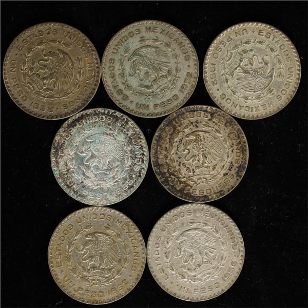 7 MEXICO SILVER 1 PESO COINS .3598 ASW TOTAL. 1958