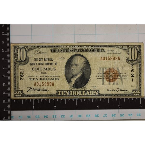 1929 US $10 NATIONAL CURRENCY, BROWN SEAL