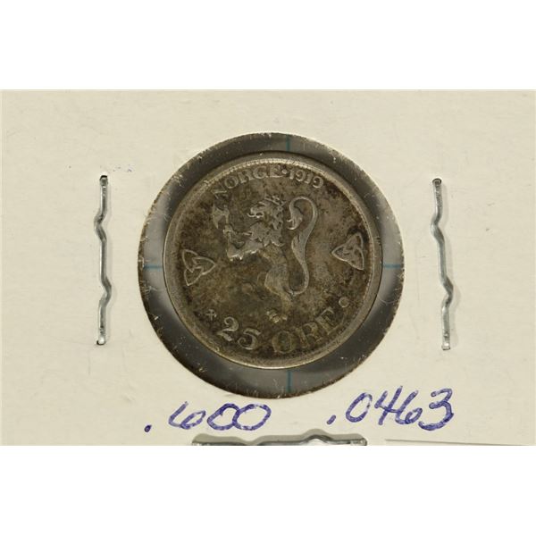 1919 NORWAY SILVER 25 ORE .0463 OZ. ASW