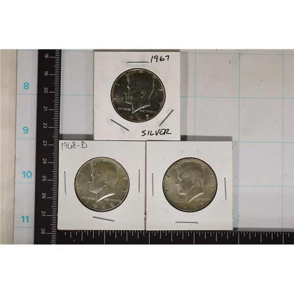 2-1967 & 1968-D JFK 40% SILVER HALF DOLLARS. 2 ARE