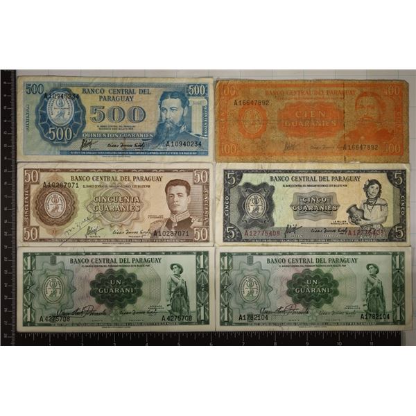 6 PARAGUAY BILLS: 2-ONE GUARANI (CRISP), 1-FIVE