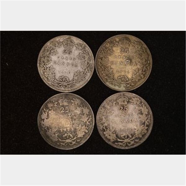 1910, 11, 12 & 1913 CANADA SILVER 25 CENT COINS