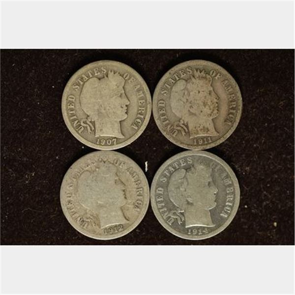 1907, 11, 12-D & 1914 SILVER BARBER DIMES