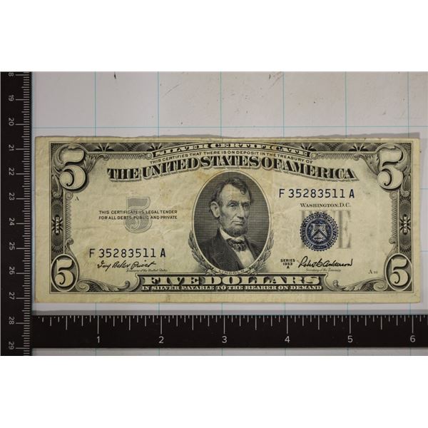 1953-A US $5 SILVER CERT, BLUE SEAL.