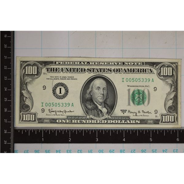 1963-A US $100 FRN CRISP UNC GREEN SEAL I00505339A