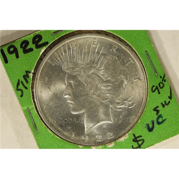 1922 PEACE SILVER DOLLAR. UNC