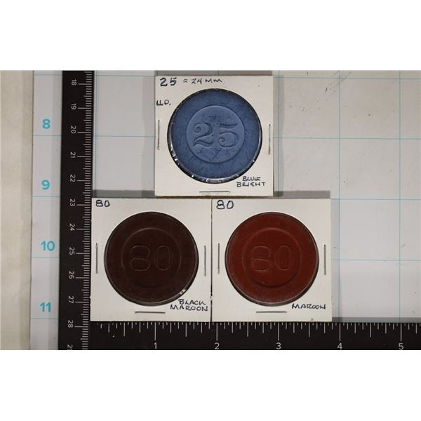 3 CLAY CASINO CHIPS:1-25 AND 2-80