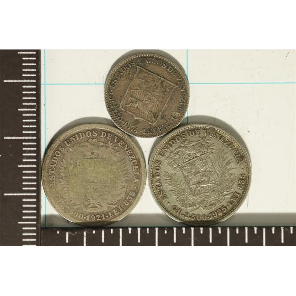 3 VENEZUELA SILVER COINS .1342 OZ. ASW TOTAL