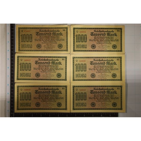 6-1922 GERMAN 1000 MARK BILLS. 1 SETS OF 4 ARE