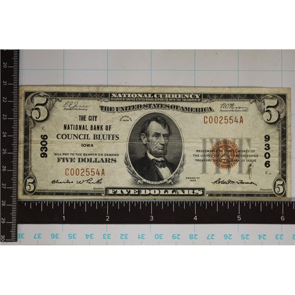 1929 US $5 NATIONAL CURRENCY BANK OF COUNCIL