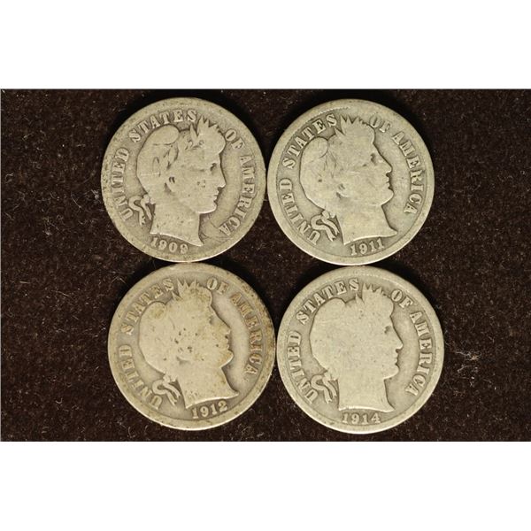 1909-D, 11, 12 & 1914 SILVER BARBER DIMES