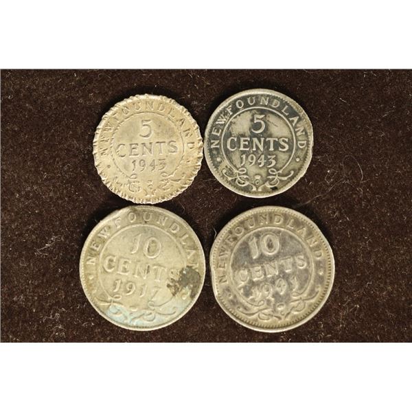 4 NEW FOUNDLAND SILVER COINS: 2-1943 FIVE CENT