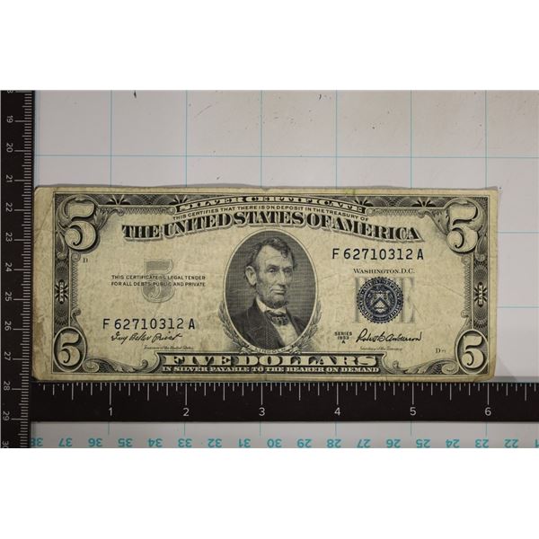 1953-A US $5 SILVER CERTIFICATE BLUE SEAL