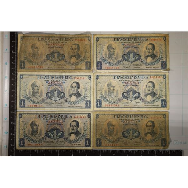 6-COLUMBIA 1 PESO BILLS, 2-1959, 1963, 2-1968 &