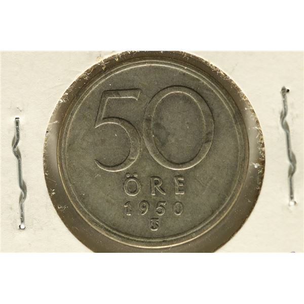 1950 SWEDEN SILVER 50 ORE .0617 OZ. ASW