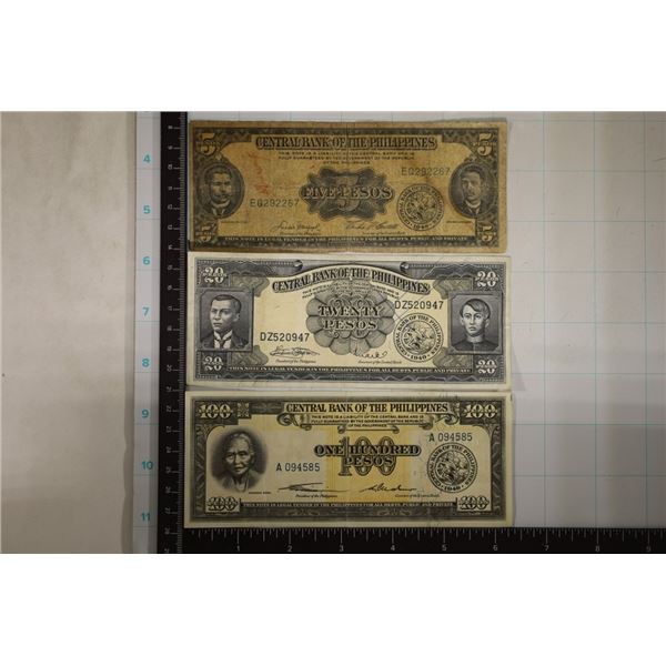 3-BANK OF PHILIPPINES BILLS: 5 PESO, 20 PESO AND