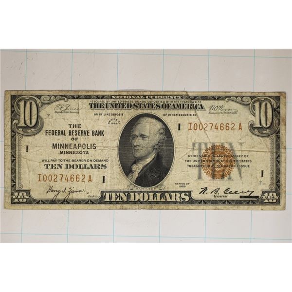 1929 US $10 NATIONAL CURRENCY BANK OF MINNEAPOLIS