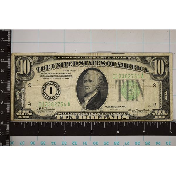 1934-A US $10 FRN GREEN SEAL HOLES ON LEFT SIDE