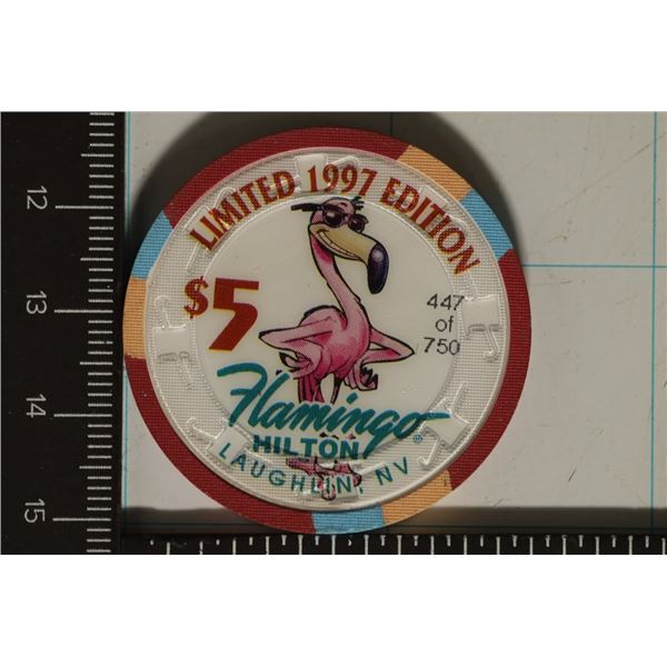 $5 FLAMINGO HILTON CASINO CHIP. 1997 NEVADA GOLD