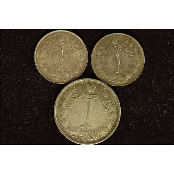 3 SILVER IRAN 1 RIAL COINS: CIRCA 1930 & 2 CIRCA