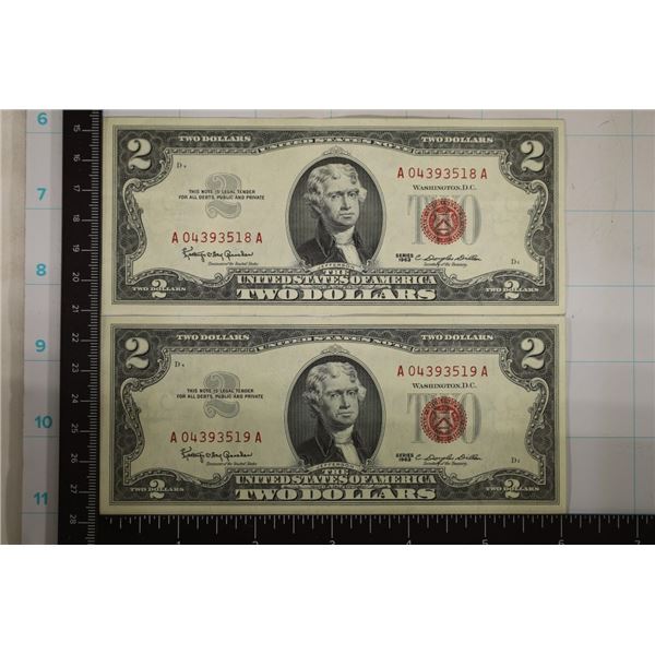 2-1963 US $2 RED SEALS CU WITH CONSECUTIVE SERIALS