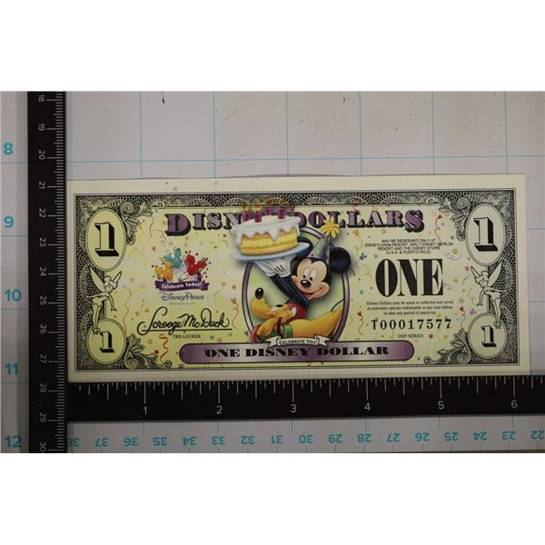 2009 DISNEY 1 DOLLAR CRISP UNC COLORIZED BILL