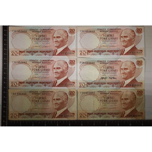 6-1970 TURKEY 20 LIRASI BILLS: 3 CU AND 1 CRISP AU