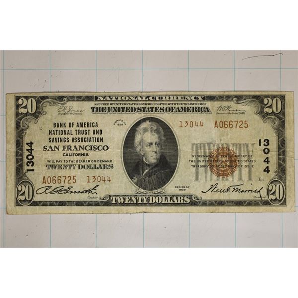 1929 US $20 NATIONAL CURRENCY BANK SAN FRANCISCO