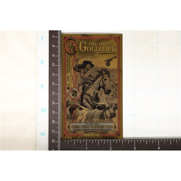 1-2000TH TROY OZ. 24KT GOLD 1/2 OKLAHOMA GOLDBACK