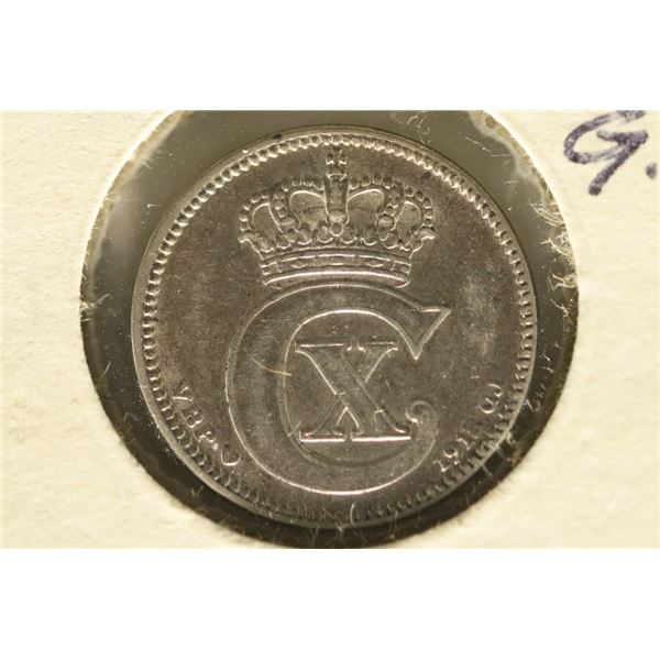 1918 DENMARL SILVER 25 ORE. XF / AU. .0467 OZ. ASW
