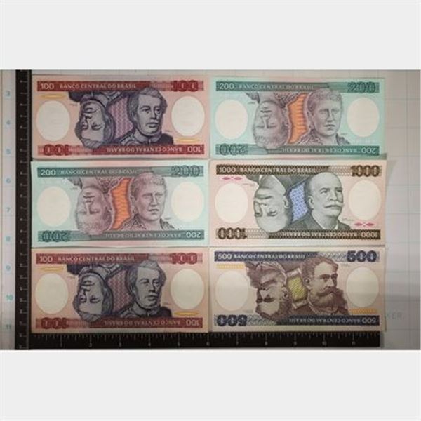 6 BRAZIL CRISP AU / UNC BILLS: 2-100 CRUZEIROS,