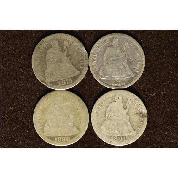 1875, 76,88-S & 1891-S SILVER SEATED LIBERTY DIMES