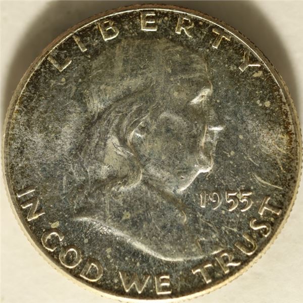 1955 SILVER FRANKLIN HALF DOLLAR, UNC WITH TONING.