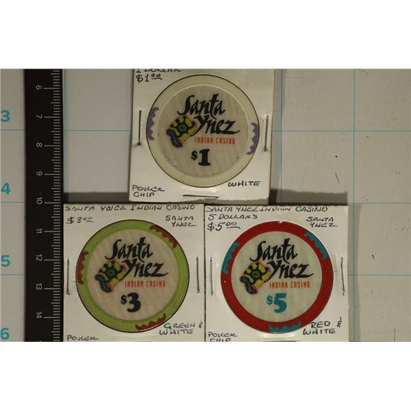 3 SANTA YNEZ CALIFORNIA CASINO CHIPS: $1, $3 & $5