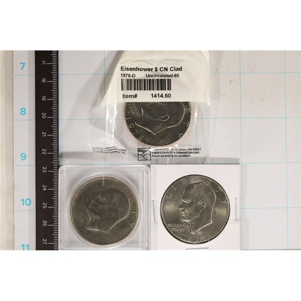 1976-D, 72-D & 1978-D IKE DOLLARS. THE 1978 IS IN