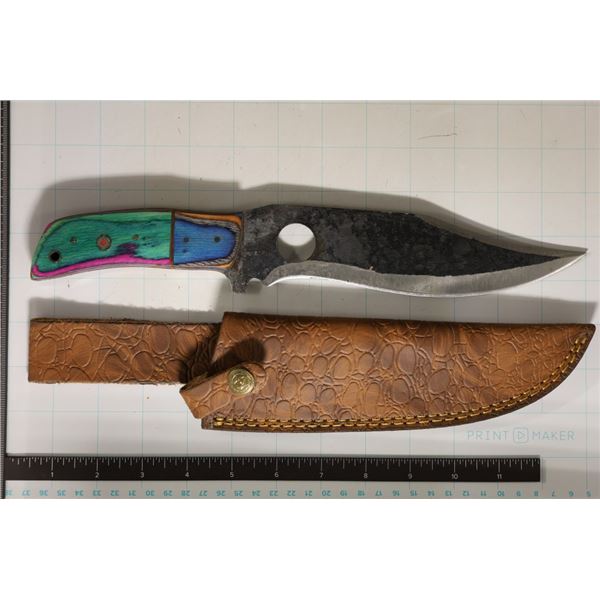 12" CARBON STEEL HUNTING KNIFE IN BROWN LEATHER