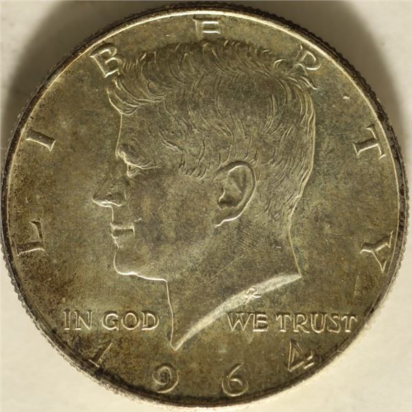 1964 JFK 90$ SILVER HALF DOLLAR, UNC WITH TONING