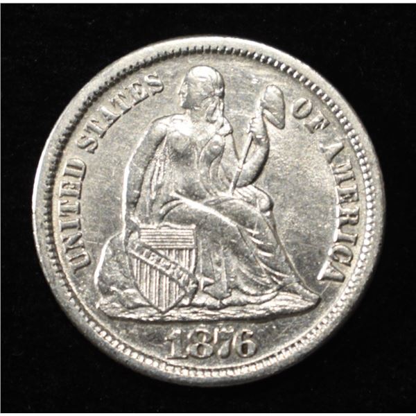 1876-CC SEATED LIBERTY DIME AU