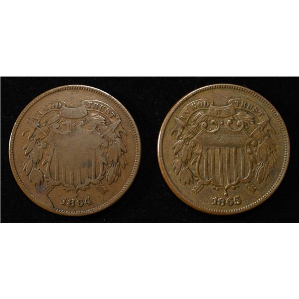 1864 VF CUD & 1865 XF TWO CENT PIECES