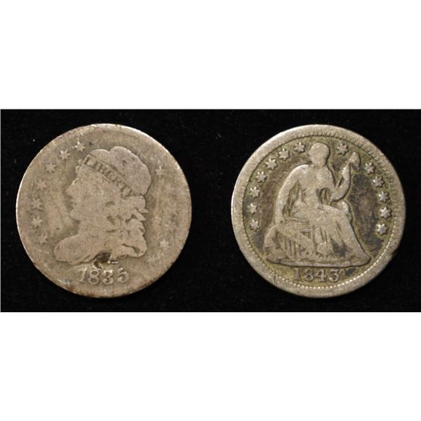1835 BUST G-DAMAGED, 1843 SEATED G HALF DIMES