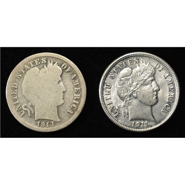 1911 AU, & 1913-S GOOD BARBER DIMES