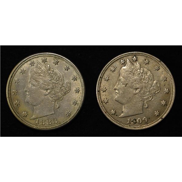 1883 NO CENTS AU/BU & 1909 XF LIBERTY NICKELS